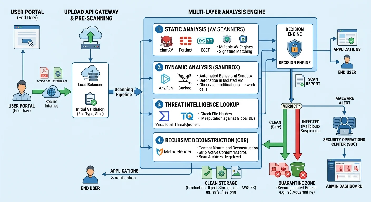 File upload scanning pipeline architecture diagram