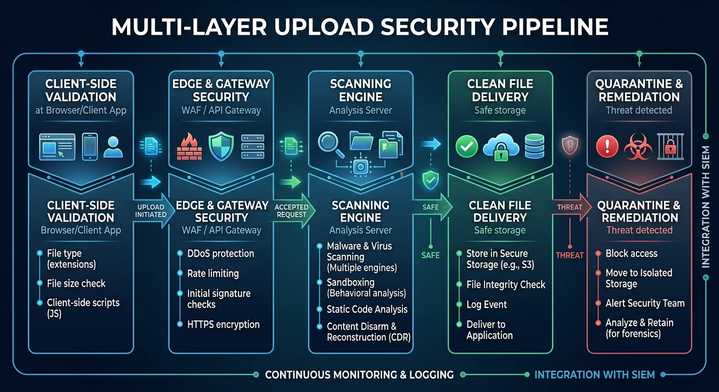 Multi-layer upload security pipeline diagram for web applications