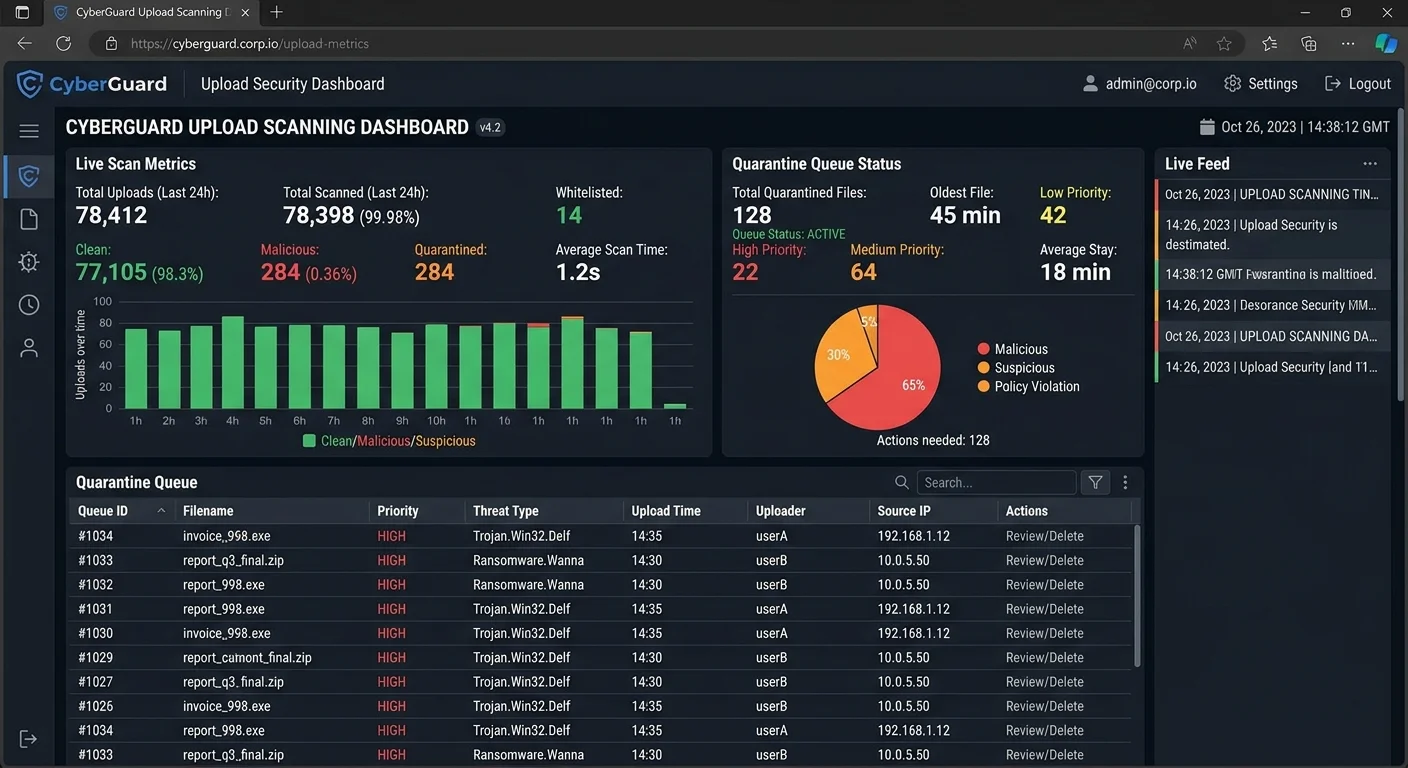 Upload security monitoring dashboard with scan metrics and quarantine queue