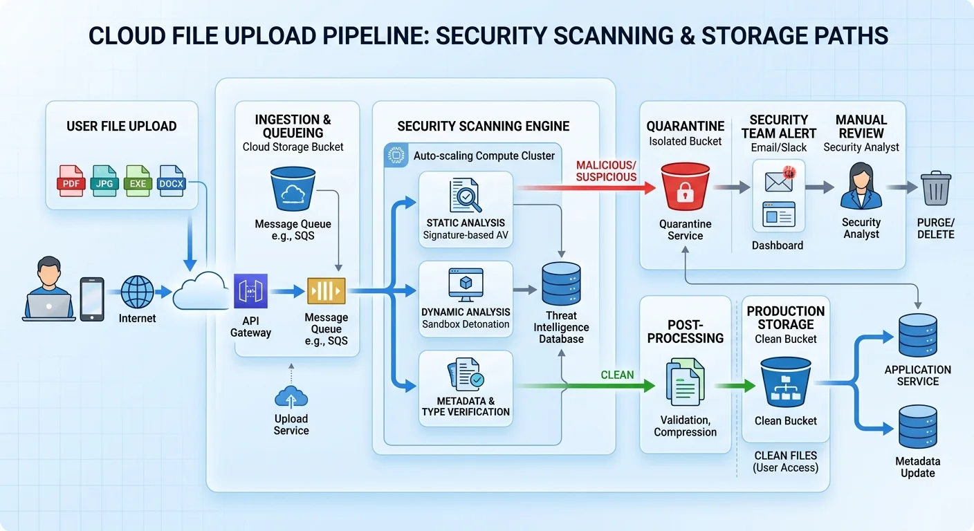 Flowchart showing file upload scanning and quarantine workflow for cloud storage